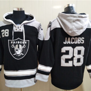 Men's Las Vegas Raiders #28 Josh Jacobs Black Ageless Must-Have Lace-Up Pullover Hoodie