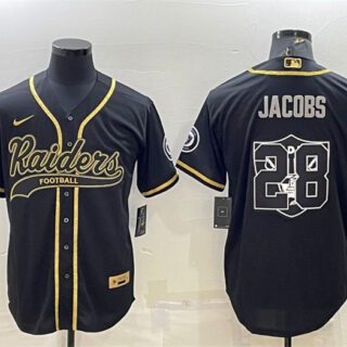 Men's Las Vegas Raiders #28 Josh Jacobs Black Gold Team Big Logo With Patch Cool Base Stitched Baseball Jersey