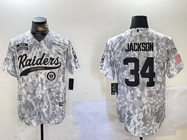 Men's Las Vegas Raiders #34 Bo Jackson 2024 Arctic Camo Salute To Service Stitched Baseball Jerseys