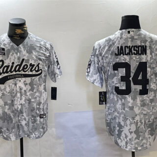 Men's Las Vegas Raiders #34 Bo Jackson 2024 Arctic Camo Salute To Service Stitched Baseball Jersey