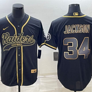 Men's Las Vegas Raiders #34 Bo Jackson Black Gold With Patch Cool Base Stitched Baseball Jersey