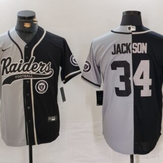 Men's Las Vegas Raiders #34 Bo Jackson Grey Black Split Cool Base Stitched Baseball Jersey