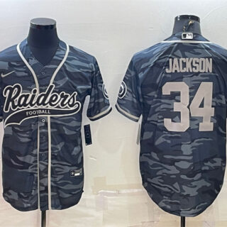 Men's Las Vegas Raiders #34 Bo Jackson Grey Camo With Patch Cool Base Stitched Baseball Jersey