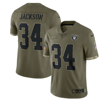 Men's Las Vegas Raiders #34 Bo Jackson Olive 2022 Salute To Service Limited Stitched Jersey