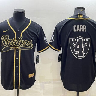 Men's Las Vegas Raiders #4 Derek Carr Black Gold Team Big Logo With Patch Cool Base Stitched Baseball Jersey