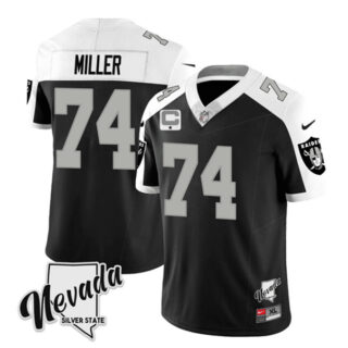 Men's Las Vegas Raiders #74 Kolton Miller Black White 2023 F.U.S.E Nevada Silver Stat With 1-Star C Patch Stitched Football Jersey