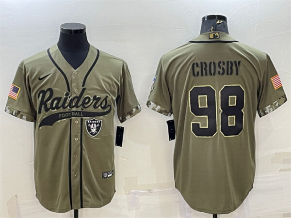 Men's Las Vegas Raiders #98 Maxx Crosby 2022 Olive Salute To Service Cool Base Stitched Baseball Jersey