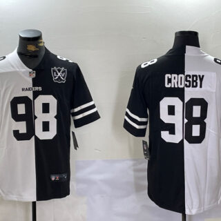 Men's Las Vegas Raiders #98 Maxx Crosby Black & White Split With 65th Anniversary Patch Vapor Limited Stitched Jerseys
