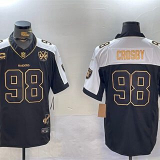 Men's Las Vegas Raiders #98 Maxx Crosby Black Gold F.U.S.E. With Nevada Silver Stat Patch And 65th Anniversary Patch 4-Star C Patch Limited Stitched Football Jersey