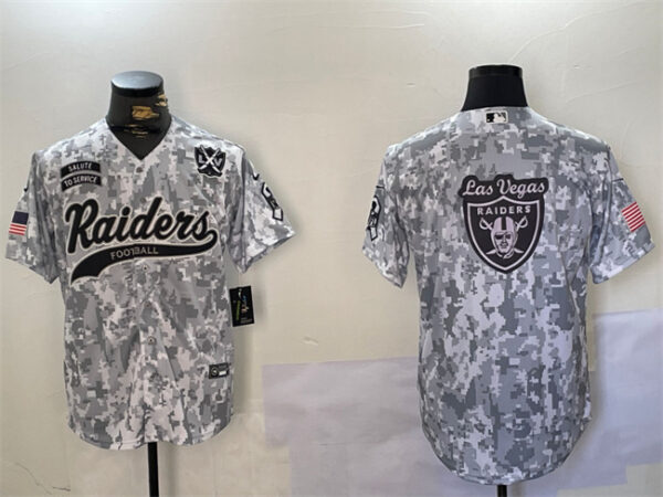 Men's Las Vegas Raiders Team Big Logo 2024 Arctic Camo Salute To Service With 65th Anniversary Patch Stitched Baseball Jersey