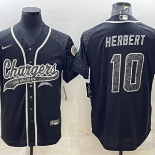 Men's Los Angeles Chargers #10 Justin Herbert Black Reflective With Patch Cool Base Stitched Baseball Jersey