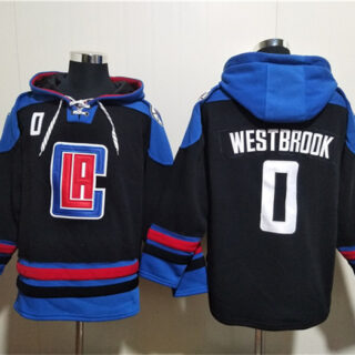 Men's Los Angeles Clippers #0 Russell Westbrook Black Blue Lace-Up Pullover Hoodie