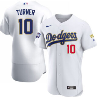 Men's Los Angeles Dodgers #10 Justin Turner Nike White Gold 2021 Gold Program Flexbase Jersey