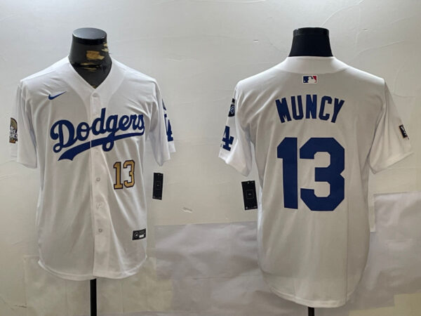 Men's Los Angeles Dodgers #13 Max Muncy White 2024 World Series With Fernando Memorial Patch Home Limited Stitched Baseball Jerseys