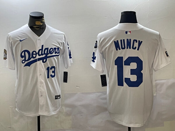Men's Los Angeles Dodgers #13 Max Muncy White 2024 World Series With Fernando Memorial Patch Home Limited Stitched Baseball Jerseys