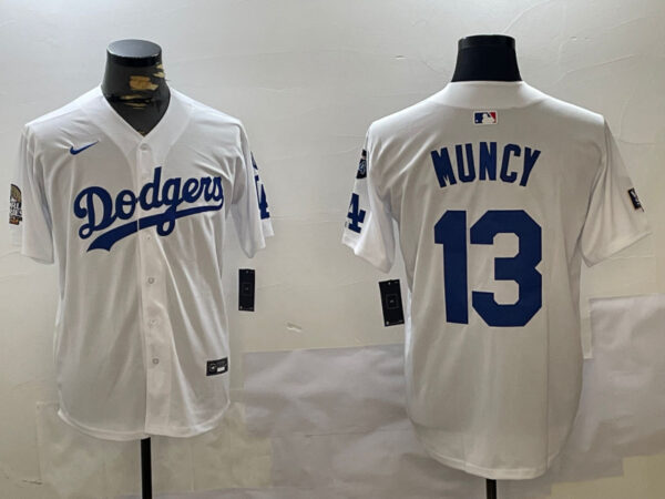 Men's Los Angeles Dodgers #13 Max Muncy White 2024 World Series With Fernando Memorial Patch Home Limited Stitched Baseball Jersey
