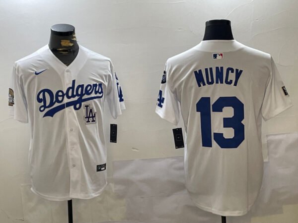 Men's Los Angeles Dodgers #13 Max Muncy White 2024 World Series With Fernando Memorial Patch Home Limited Stitched Baseball Jerseys