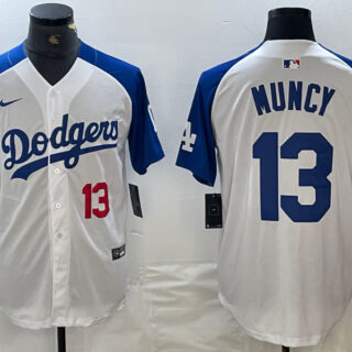 Men's Los Angeles Dodgers #13 Max Muncy White Blue Vin Patch Cool Base Stitched Baseball Jersey