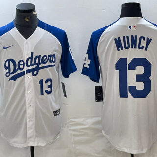 Men's Los Angeles Dodgers #13 Max Muncy White Blue Vin Patch Cool Base Stitched Baseball Jersey