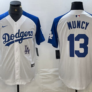 Men's Los Angeles Dodgers #13 Max Muncy White Blue Vin Patch Cool Base Stitched Baseball Jersey