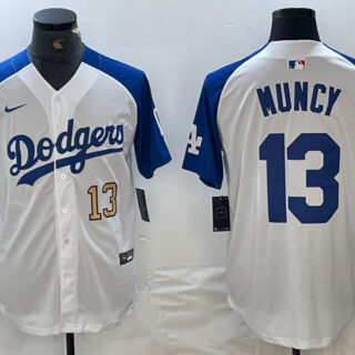 Men's Los Angeles Dodgers #13 Max Muncy White Blue Vin Patch Cool Base Stitched Baseball Jersey