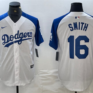 Men's Los Angeles Dodgers #16 Will Smith White Blue Vin Patch Cool Base Stitched Baseball Jersey
