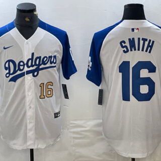 Men's Los Angeles Dodgers #16 Will Smith White Blue Vin Patch Cool Base Stitched Baseball Jersey