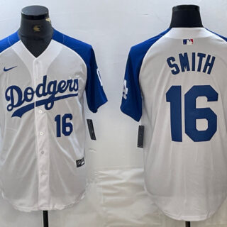 Men's Los Angeles Dodgers #16 Will Smith White Blue Vin Patch Cool Base Stitched Baseball Jersey