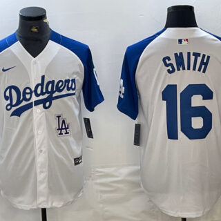 Men's Los Angeles Dodgers #16 Will Smith White Blue Vin Patch Cool Base Stitched Baseball Jersey