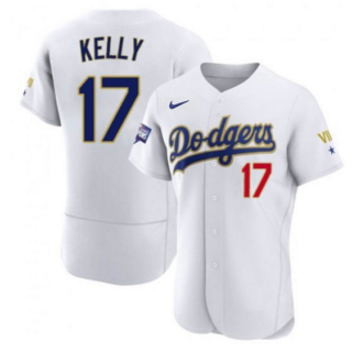 Men's Los Angeles Dodgers #17 Joe Kelly White Gold Championship Flex Base Sttiched Jersey