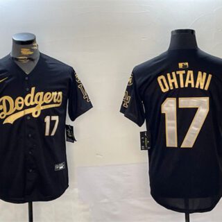 Men's Los Angeles Dodgers #17 Shohei Ohtani Black Gold 2024 World Series Champions With Fernando Memorial Patch Limited Stitched Baseball Jersey