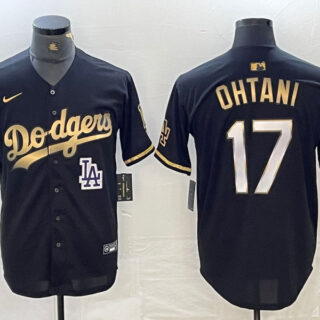 Men's Los Angeles Dodgers #17 Shohei Ohtani Black Gold Stitched Cool Base Nike Jersey