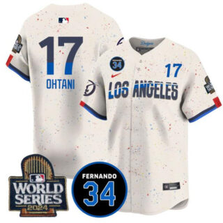 Men's Los Angeles Dodgers #17 Shohei Ohtani Cream 2024 World Series With Fernando Memorial Patch City Connect Limited Stitched Baseball Jersey