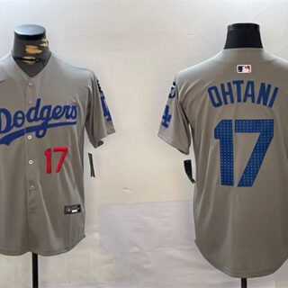Men's Los Angeles Dodgers #17 Shohei Ohtani Grey 2024 World Series Champions With Fernando Memorial Patch Limited Stitched Baseball Jersey