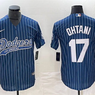 Men's Los Angeles Dodgers #17 Shohei Ohtani Navy Cool Base With Patch Stitched Baseball Jersey
