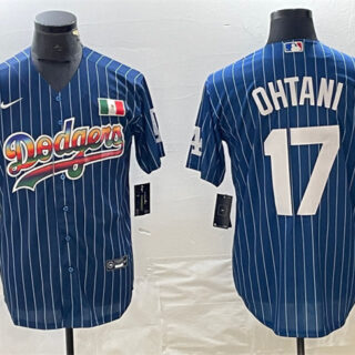 Men's Los Angeles Dodgers #17 Shohei Ohtani Navy Cool Base With Patch Stitched Baseball Jersey