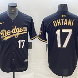 Men's Los Angeles Dodgers #17 Shohei Ohtani Number Black Gold Stitched Cool Base Nike Jerseys