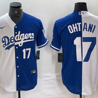 Men's Los Angeles Dodgers #17 Shohei Ohtani White Blue Split Cool Base Stitched Baseball Jersey