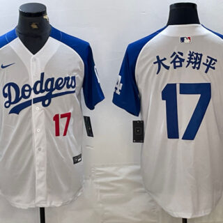 Men's Los Angeles Dodgers #17 Shohei Ohtani White Blue Vin Patch Cool Base Stitched Baseball Jersey