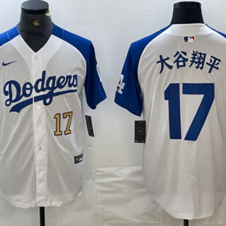 Men's Los Angeles Dodgers #17 Shohei Ohtani White Blue Vin Patch Cool Base Stitched Baseball Jersey