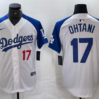 Men's Los Angeles Dodgers #17 Shohei Ohtani White Blue Vin Patch Cool Base Stitched Baseball Jersey