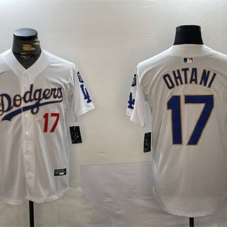 Men's Los Angeles Dodgers #17 Shohei Ohtani White Gold 2024 World Series Champions With Fernando Memorial Patch Home Limited Stitched Baseball Jersey