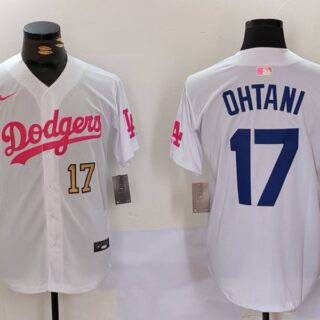 Men's Los Angeles Dodgers #17 Shohei Ohtani White Pink Vin & Kobe Patch Stitched Baseball Jerseys