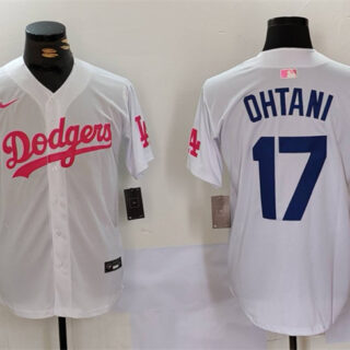Men's Los Angeles Dodgers #17 Shohei Ohtani White Pink Vin & Kobe Patch Stitched Baseball Jersey