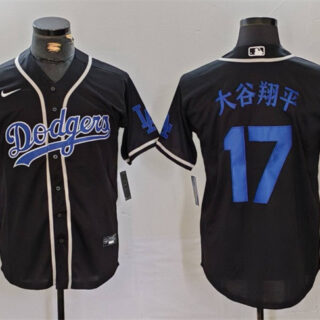 Men's Los Angeles Dodgers #17 大谷翔平 Black Cool Base With Patch Stitched Baseball Jersey