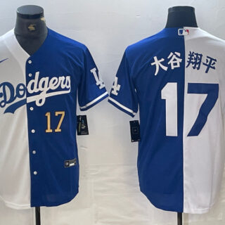 Men's Los Angeles Dodgers #17 大谷翔平 White Blue Split Cool Base Stitched Baseball Jersey