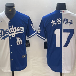 Men's Los Angeles Dodgers #17 大谷翔平 White Blue Split Cool Base Stitched Baseball Jersey