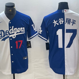 Men's Los Angeles Dodgers #17 大谷翔平 White Blue Split Cool Base Stitched Baseball Jersey