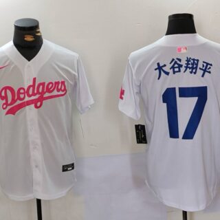 Men's Los Angeles Dodgers #17大谷翔平 White Pink Vin & Kobe Patch Stitched Baseball Jerseys
