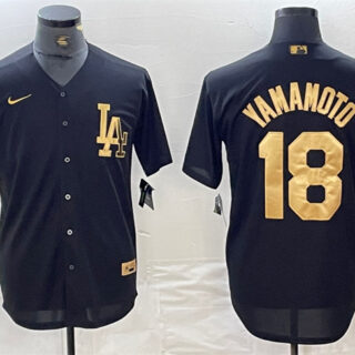 Men's Los Angeles Dodgers #18 Yoshinobu Yamamoto Black Cool Base Stitched Baseball Jersey